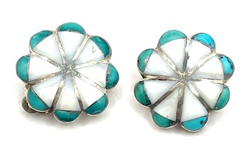 Vintage Native American Signed Sterling Silver Mother Of Pearl/turquoise Clip On Earrings