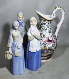 Lot Three Porcelain Figurines And Portuguese Pottery Pitcher