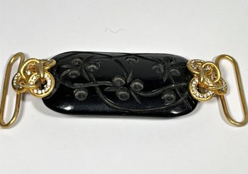 Vintage Black Carved Bakelite Plastic And Gilt Metal Belt Buckle