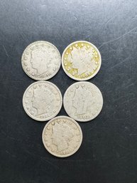 5 V Nickels 1902, 1906, 1908, 1911, 1912