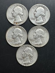 5 Washington Silver Quarters 1944, 1948, 1952-D, 1964, 1964-D