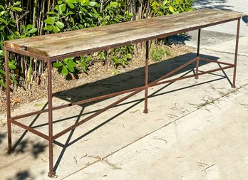 A Large Rustic Console Or Bar - Antique Wrought Iron Base With Reclaimed Wood Top