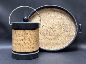 Vintage Mid-Century Tray & Ice Bucket In Cork With Leather Wrap