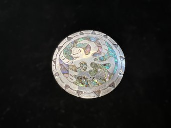 Vintage Mexican Signed Sterling Silver & Abalone Traditional Design Brooch