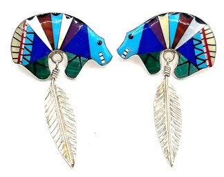 Amazing Vintage Southwestern Intarsia Designer Inlay Bear And Feather Earrings