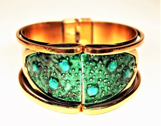 Super Fun Signed Renoir Matisse Green Enamel On Copper MCM Hinged Cuff Bracelet