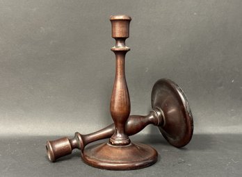 A Pair Of Vintage Farmhouse Candlesticks In Turned Wood