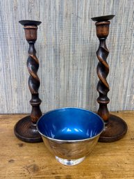 Barley Twist Wooden Candlesticks And Towle Enamel Bowl