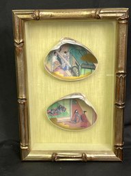 Japanese Kaiawase Shells With Hand Painted Scenes Framed In Bamboo Style Shadow Box -9x6
