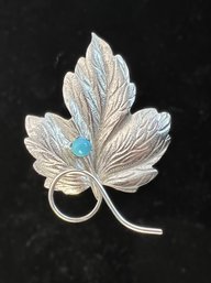 Vintage Leaf Brooch With Turquoise Bead & 12k Gold Filled Stem