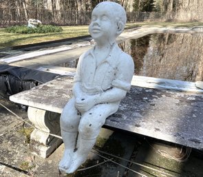 Vintage Cement Seated Fishing Boy Garden Sculpture