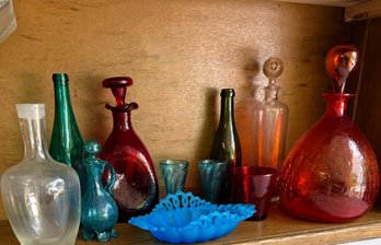 Colorful Glass Lot With Westmoreland Satin Blue Dish & Other Bottles And Glasses In Aqua, Red, Orange And More