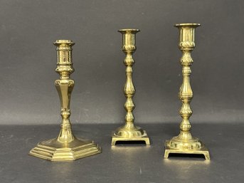 A Selection Of Three Beautiful Vintage Candlesticks In Brass