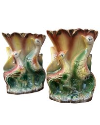 Lot Of Two - Vintage Vase Tropical Birds Lusterware Large 10 3/4  X 9 Decor