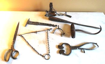Antique Small Iron Lot With Hook, Scissors & Number 40 Screwdriver