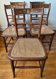 Set 5 Vintage Wood Chairs With Brass Inlay & Caned Seats