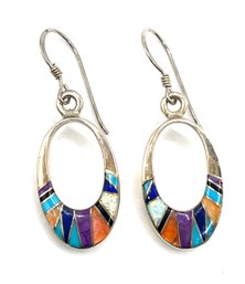 Beautiful Vintage Sterling Silver Mosaic Inlay Dangle Earrings