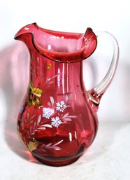 Victorian Hand Blown Cranberry Glass Water Pitcher Hand Painted Decoration