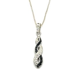 Vintage Sterling Silver Chain With Black And Clear Stones Twisted Pendant