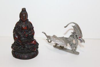 Mythological Beings Pewter Dragon And Guan Yin