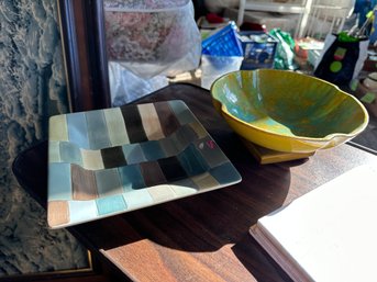 Mid Century Handpainted Table Top Lifestyles Charleston Plate & Pedestal Splatter Bowl Green/teal