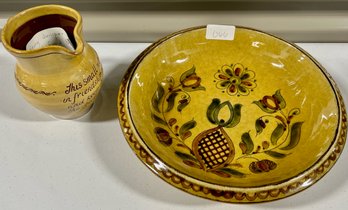 German Redware Shallow Bowl And Small Pitcher