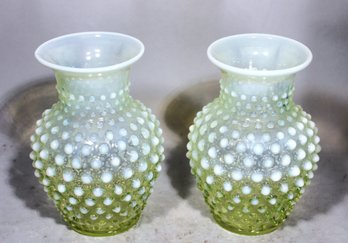 Pair Vintage Fenton Opalescent Vaseline Hobnail Vases