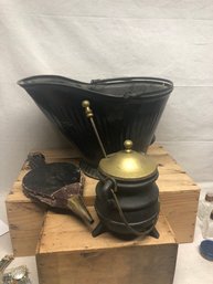 Antique 3 Footed Cast Iron Smudge Pot With Brass Lid & Wand, Bellow & Ash Bucket
