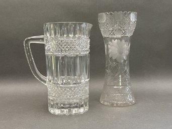 Vintage Etched & Cut Glass: Pitcher & Vase