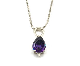 Vintage Sterling Silver Sparkly Chain And Amethyst Color Pendant