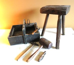 Antique Wood Tool Box With Tools & Milk Stool