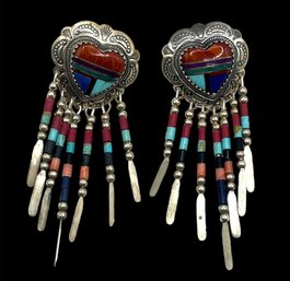 Vintage Navajo Signed Q.T. Designer Sterling Silver Multi Stone Inlay Dangle Earrings