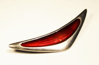 Scandinavian MCM Art Moderne Red Enamel On Sterling Silver Boomerang Brooch