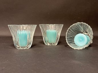 Three Pretty Votives In Cut Glass With Teal Candles