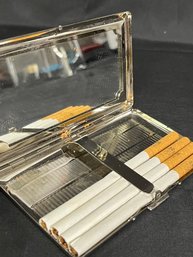 Metal Cigarette Case With Embossing  - Mirrored Lid With A Few Cigs!