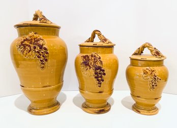 Set Three Tall Tuscan Style Arte Italia Storage Jars In Saffron Glaze