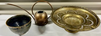 Pottery Bowl, Copper Watering Can, Reticulated Metal Basket