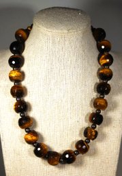 FINE LARGE FACETED GENUINE TIGER'S EYE BEADED NECKLACE STERLING CLASP