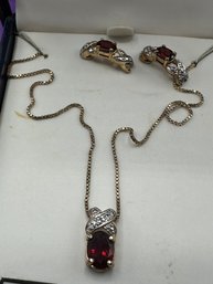 Sterling Vermeil Garnet & Diamond Necklace And Earrings