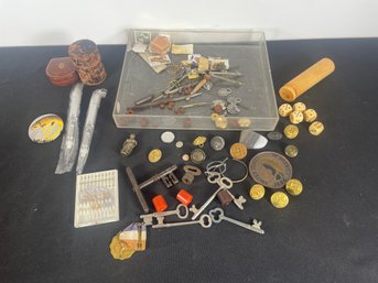 VINTAGE KEYS, MILITARY BUTTONS, LEATHER JEWELRY BOXES, AND MORE