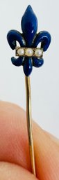 ANTIQUE 14K GOLD ROYAL BLUE ENAMEL AND SEED PEARL STICK PIN