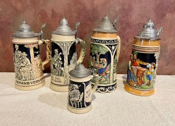 Lot Of Five Vintage Ceramic Steins From Germany