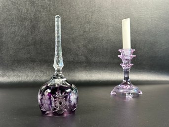 Vintage Bohemian Bell In Purple Cut-To-Clear & Lavender Glass Candlestick