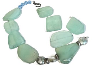 Signed Designer Fragment Stone Necklace Sterling Clasp, Pearls Jadeite Stones