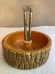 Vintage Tree Bark Wooden Nut Bowl With Nut Cracker