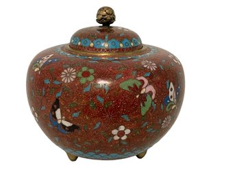 Asian Footed Cloisonne Jar With Lid. Butterfly & Flowers Pattern