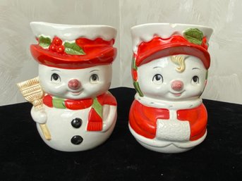 2 Piece Snowman Ceramic Planter Set