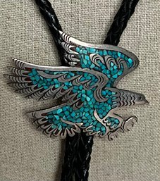 SIGNED NATIVE AMERICAN STERLING SILVER EAGLE TURQUOISE BOLO