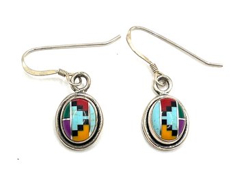 Vintage Native American Sterling Silver Multi Color Dangle Earrings