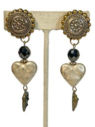 Pair Couture Designer Gold Tone And Faux Pearl Heart Large Earrings Ear Clips